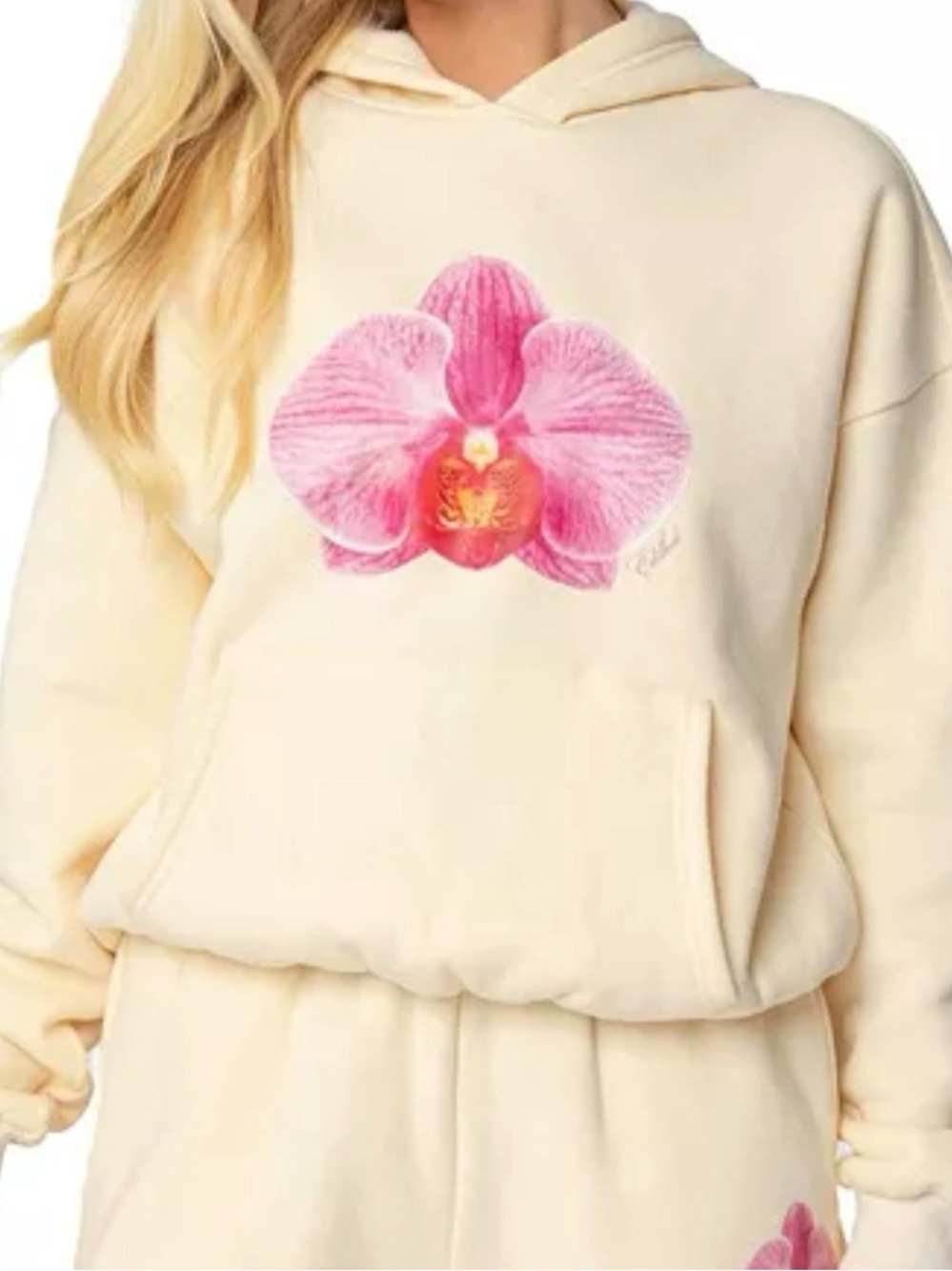 Edikted Babe Orchid Hoodie Medium Yellow Pink Fleece Sweatshirt EUC!